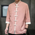 Buddha Stones Summer Tang Style Mandarin Collar Color Blocking Frog Button Men's Short Sleeve Shirts With Pockets