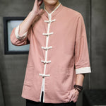 Buddha Stones Summer Tang Style Mandarin Collar Color Blocking Frog Button Men's Short Sleeve Shirts With Pockets