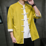 Buddha Stones Summer Tang Style Mandarin Collar Color Blocking Frog Button Men's Short Sleeve Shirts With Pockets
