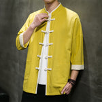 Buddha Stones Summer Tang Style Mandarin Collar Color Blocking Frog Button Men's Short Sleeve Shirts With Pockets