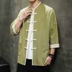 Buddha Stones Summer Tang Style Mandarin Collar Color Blocking Frog Button Men's Short Sleeve Shirts With Pockets