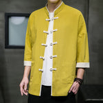 Buddha Stones Summer Tang Style Mandarin Collar Color Blocking Frog Button Men's Short Sleeve Shirts With Pockets