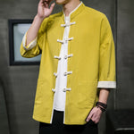 Buddha Stones Summer Tang Style Mandarin Collar Color Blocking Frog Button Men's Short Sleeve Shirts With Pockets