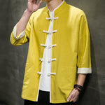 Buddha Stones Summer Tang Style Mandarin Collar Color Blocking Frog Button Men's Short Sleeve Shirts With Pockets