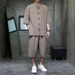 Buddha Stones 2Pcs Summer Tang Style Frog Button Solid Elbow-Length Sleeve Shirt Cropped Pants Men's Meditation Cloth With Pockets
