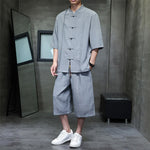 Buddha Stones 2Pcs Summer Tang Style Frog Button Solid Elbow-Length Sleeve Shirt Cropped Pants Men's Meditation Cloth With Pockets