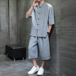 Buddha Stones 2Pcs Summer Tang Style Frog Button Solid Elbow-Length Sleeve Shirt Cropped Pants Men's Meditation Cloth With Pockets
