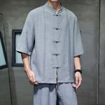 Buddha Stones 2Pcs Summer Tang Style Frog Button Solid Elbow-Length Sleeve Shirt Cropped Pants Men's Meditation Cloth With Pockets