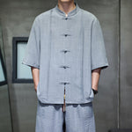 Buddha Stones 2Pcs Summer Tang Style Frog Button Solid Elbow-Length Sleeve Shirt Cropped Pants Men's Meditation Cloth With Pockets