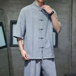 Buddha Stones 2Pcs Summer Tang Style Frog Button Solid Elbow-Length Sleeve Shirt Cropped Pants Men's Meditation Cloth With Pockets