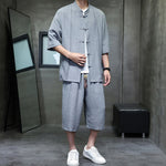 Buddha Stones 2Pcs Summer Tang Style Frog Button Solid Elbow-Length Sleeve Shirt Cropped Pants Men's Meditation Cloth With Pockets