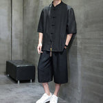 Buddha Stones 2Pcs Summer Tang Style Frog Button Solid Elbow-Length Sleeve Shirt Cropped Pants Men's Meditation Cloth With Pockets