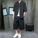 Buddha Stones 2Pcs Summer Tang Style Frog Button Solid Elbow-Length Sleeve Shirt Cropped Pants Men's Meditation Cloth With Pockets