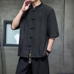 Buddha Stones 2Pcs Summer Tang Style Frog Button Solid Elbow-Length Sleeve Shirt Cropped Pants Men's Meditation Cloth With Pockets