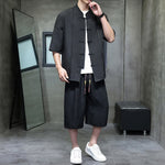 Buddha Stones 2Pcs Summer Tang Style Frog Button Solid Elbow-Length Sleeve Shirt Cropped Pants Men's Meditation Cloth With Pockets