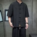 Buddha Stones 2Pcs Summer Tang Style Frog Button Solid Elbow-Length Sleeve Shirt Cropped Pants Men's Meditation Cloth With Pockets