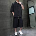 Buddha Stones 2Pcs Summer Tang Style Frog Button Solid Elbow-Length Sleeve Shirt Cropped Pants Men's Meditation Cloth With Pockets