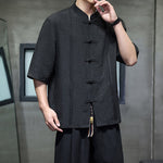 Buddha Stones 2Pcs Summer Tang Style Frog Button Solid Elbow-Length Sleeve Shirt Cropped Pants Men's Meditation Cloth With Pockets