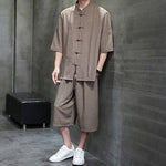 Buddha Stones 2Pcs Summer Tang Style Frog Button Solid Elbow-Length Sleeve Shirt Cropped Pants Men's Meditation Cloth With Pockets
