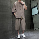 Buddha Stones 2Pcs Summer Tang Style Frog Button Solid Elbow-Length Sleeve Shirt Cropped Pants Men's Meditation Cloth With Pockets