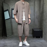 Buddha Stones 2Pcs Summer Tang Style Frog Button Solid Elbow-Length Sleeve Shirt Cropped Pants Men's Meditation Cloth With Pockets