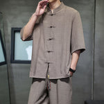 Buddha Stones 2Pcs Summer Tang Style Frog Button Solid Elbow-Length Sleeve Shirt Cropped Pants Men's Meditation Cloth With Pockets