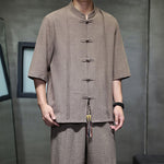 Buddha Stones 2Pcs Summer Tang Style Frog Button Solid Elbow-Length Sleeve Shirt Cropped Pants Men's Meditation Cloth With Pockets