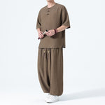 Buddha Stones 2Pcs Summer Tang Style Frog Button Solid Short Sleeve Shirt Harem Pants Men's Meditation Cloth With Pockets