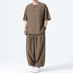 Buddha Stones 2Pcs Summer Tang Style Frog Button Solid Short Sleeve Shirt Harem Pants Men's Meditation Cloth With Pockets