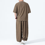 Buddha Stones 2Pcs Summer Tang Style Frog Button Solid Short Sleeve Shirt Harem Pants Men's Meditation Cloth With Pockets