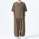 Buddha Stones 2Pcs Summer Tang Style Frog Button Solid Short Sleeve Shirt Harem Pants Men's Meditation Cloth With Pockets