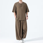 Buddha Stones 2Pcs Summer Tang Style Frog Button Solid Short Sleeve Shirt Harem Pants Men's Meditation Cloth With Pockets