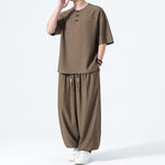 Buddha Stones 2Pcs Summer Tang Style Frog Button Solid Short Sleeve Shirt Harem Pants Men's Meditation Cloth With Pockets