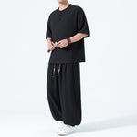 Buddha Stones 2Pcs Summer Tang Style Frog Button Solid Short Sleeve Shirt Harem Pants Men's Meditation Cloth With Pockets