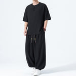 Buddha Stones 2Pcs Summer Tang Style Frog Button Solid Short Sleeve Shirt Harem Pants Men's Meditation Cloth With Pockets