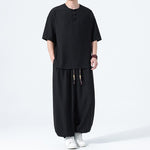 Buddha Stones 2Pcs Summer Tang Style Frog Button Solid Short Sleeve Shirt Harem Pants Men's Meditation Cloth With Pockets