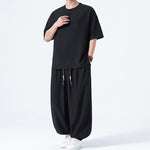 Buddha Stones 2Pcs Summer Tang Style Frog Button Solid Short Sleeve Shirt Harem Pants Men's Meditation Cloth With Pockets