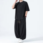 Buddha Stones 2Pcs Summer Tang Style Frog Button Solid Short Sleeve Shirt Harem Pants Men's Meditation Cloth With Pockets