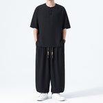 Buddha Stones 2Pcs Summer Tang Style Frog Button Solid Short Sleeve Shirt Harem Pants Men's Meditation Cloth With Pockets