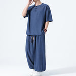 Buddha Stones 2Pcs Summer Tang Style Frog Button Solid Short Sleeve Shirt Harem Pants Men's Meditation Cloth With Pockets