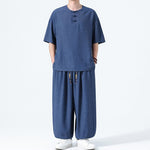 Buddha Stones 2Pcs Summer Tang Style Frog Button Solid Short Sleeve Shirt Harem Pants Men's Meditation Cloth With Pockets