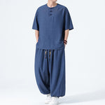 Buddha Stones 2Pcs Summer Tang Style Frog Button Solid Short Sleeve Shirt Harem Pants Men's Meditation Cloth With Pockets