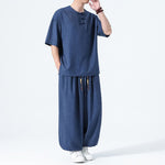 Buddha Stones 2Pcs Summer Tang Style Frog Button Solid Short Sleeve Shirt Harem Pants Men's Meditation Cloth With Pockets