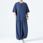Buddha Stones 2Pcs Summer Tang Style Frog Button Solid Short Sleeve Shirt Harem Pants Men's Meditation Cloth With Pockets