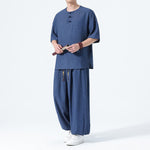 Buddha Stones 2Pcs Summer Tang Style Frog Button Solid Short Sleeve Shirt Harem Pants Men's Meditation Cloth With Pockets