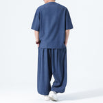 Buddha Stones 2Pcs Summer Tang Style Frog Button Solid Short Sleeve Shirt Harem Pants Men's Meditation Cloth With Pockets