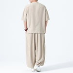 Buddha Stones 2Pcs Summer Tang Style Frog Button Solid Short Sleeve Shirt Harem Pants Men's Meditation Cloth With Pockets