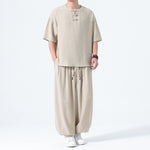 Buddha Stones 2Pcs Summer Tang Style Frog Button Solid Short Sleeve Shirt Harem Pants Men's Meditation Cloth With Pockets