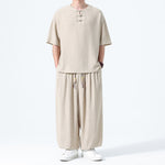 Buddha Stones 2Pcs Summer Tang Style Frog Button Solid Short Sleeve Shirt Harem Pants Men's Meditation Cloth With Pockets