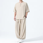 Buddha Stones 2Pcs Summer Tang Style Frog Button Solid Short Sleeve Shirt Harem Pants Men's Meditation Cloth With Pockets